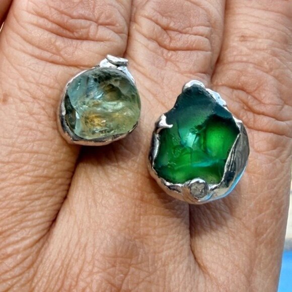 Handcrafted Jewelry - Sea Glass Balance Ring With Upcycled Silver Spoon Band Artisan Crafted Adjust.